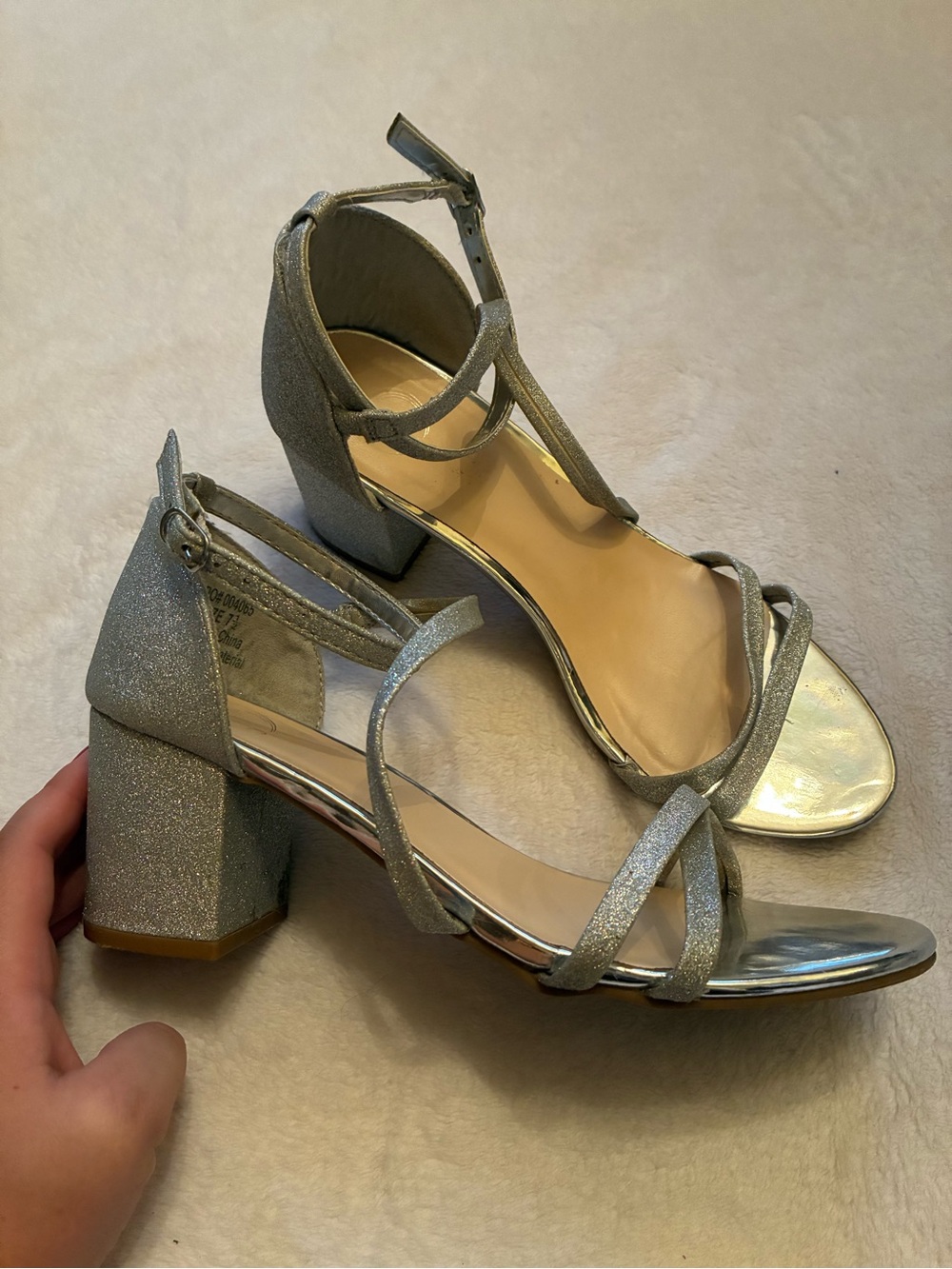 Silver Glitter Block Heel Sandals with Ankle Strap